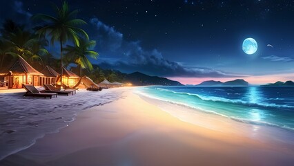 Wall Mural - empty beach at night with moon reflection