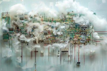 Poster - Circuit diagram reimagining a cloud as a network of interconnected components, resistors, capacitors, transistors forming the logic