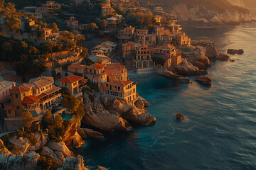 Wall Mural - An aerial close-up shot of a cliffside resort town bathed in the warm glow of sunset. The buildings cling to the rocky cliffs, and the sea sparkles with shades of pink and orange as the sun dips below