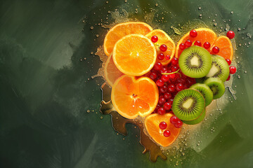 A picture of orange slices, kiwi slices, and red currants piled in the shape of a heart.







