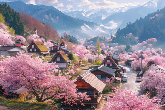 An aerial view of a village with charming houses in a mountain valley during spring. Cherry blossoms and other flowering trees are in full bloom, adding vibrant splashes of color to the landscape