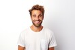 © Zickert - White background Happy european white man realistic person portrait of young beautiful Smiling man good mood Isolated on Background Banner with copyspace blank empty copy space