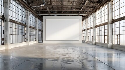 Wall Mural - A blank white square frame was hanging on the wall of an industrial warehouse with concrete floors and high ceilings. The room was well lit, with large windows that provided natural light from outside