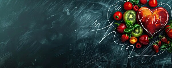 Canvas Print - Fresh vegetables and fruits arranged in a heart shape on a blackboard with a chalk-drawn cardiograph line. Ideal for promoting heart-healthy diets and nutritious eating habits