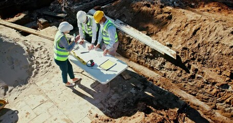 Poster - architecture, blueprint and collaboration with construction worker people from above. development, i