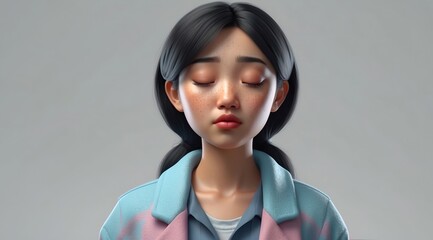 Sad upset disappointed depressed asian woman cartoon character