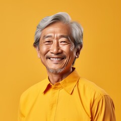 Wall Mural - Yellow Background Happy asian man. Portrait of older mid aged person beautiful Smiling boy good mood Isolated on Background ethnic diversity equality acceptance concept 