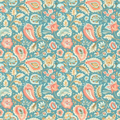 Wall Mural - A blue and pink floral patterned fabric with a floral design