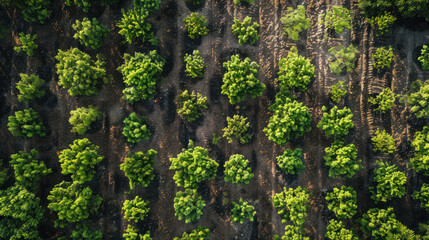 Canvas Print - Above-ground perspective of a reforestation area, displaying organized rows of saplings, embodying the essence of sustainability and ecosystem regeneration from a bird's eye view.