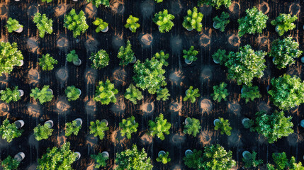 Wall Mural - Above-ground perspective of a reforestation area, displaying organized rows of saplings, embodying the essence of sustainability and ecosystem regeneration from a bird's eye view.