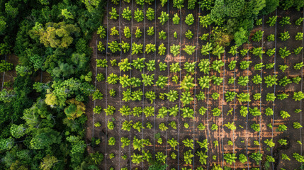 Canvas Print - Above-ground perspective of a reforestation area, displaying organized rows of saplings, embodying the essence of sustainability and ecosystem regeneration from a bird's eye view.