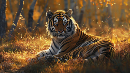 Wall Mural - An Amur tiger gracefully resting in a sunlit patch, the golden rays highlighting its majestic coat and adding a touch of enchantment to the scene.