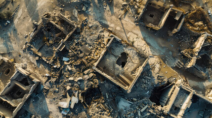 Wall Mural - An aerial view of a destroyed cultural heritage site, the collapsed structures and wreckage telling a poignant story of war's impact on heritage and identity.