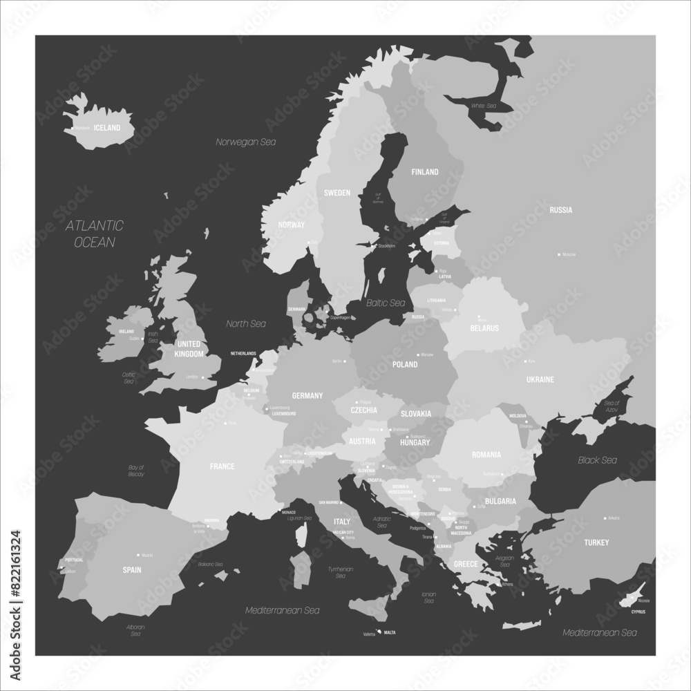 Political map of Europe. Blue colored vector map with capital cities of ...