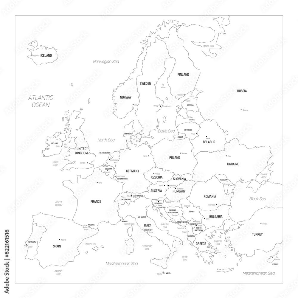 Political Map Of Europe Blue Colored Vector Map With Capital Andlarge ...