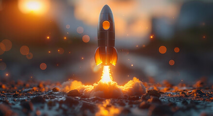 Poster - A rocket launching into the sky, emitting copious smoke as it ascends.