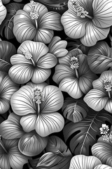 Wall Mural - A black and white floral print with a black background