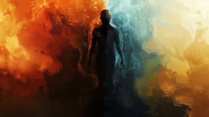 Wall Mural - a symbolic life and death abstract background, featuring a central figure that appears to be split i