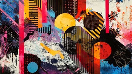 Wall Mural - an abstract design exploring the contrast of life, with bold, vibrant patterns on one side and dark,