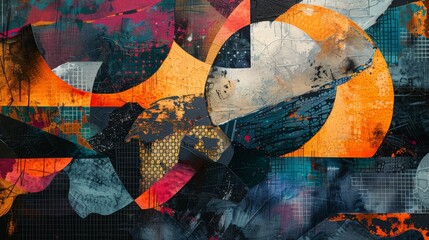 Wall Mural - an abstract design exploring the contrast of life, with bold, vibrant patterns on one side and dark,