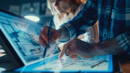 Poster - In this beginning video, a senior male architectural designer and a young female architect draw the concept of a building on a GraphicsTablet Display Vertical Touchscreen Table. The men use gestures