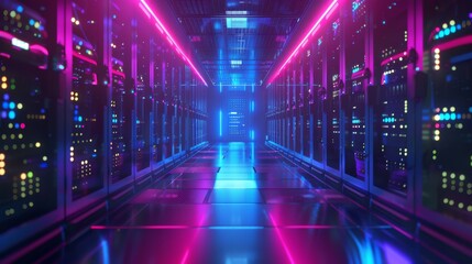 Poster - Corridor in working data center with rack servers and supercomputers. Foreground shows different computers illustrative symbols and icons.