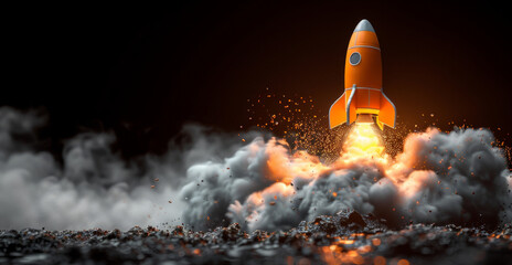 A brightly colored orange rocket blasts off from the ground, surrounded by smoke and debris, set against a dark nighttime background.