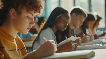 Poster - multiethnic students taking exams, taking tests, and writing in notebooks. bright young people are s