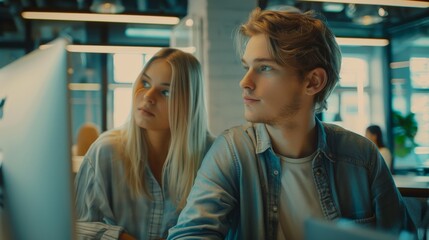 Poster - There is a busy corporate office with male and female workers having a discussion on work issues, while using personal computers. In the background, young people work on creative projects.