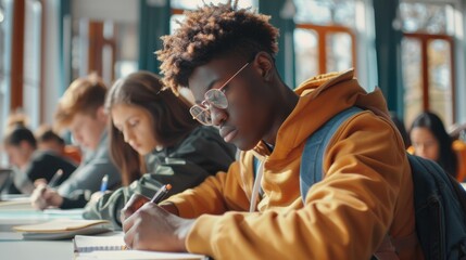 Canvas Print - Multiethnic Students in a Classroom Taking Exams and Tests. Focus on Pens and Notebooks. Bright Young People Study at University.