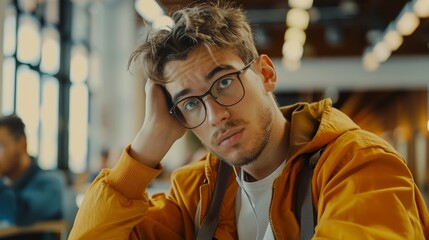 Poster - male student at the university listens to a lecture. overworked and exhausted young man holds his he