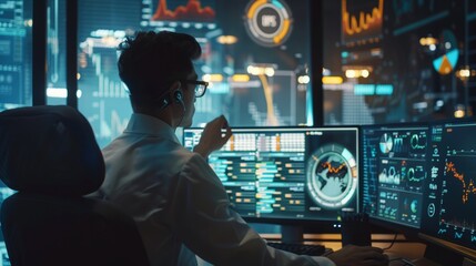 Poster - A successful trader in the near future will use a computer with a transparent display showing interactive line charts and other useful economic statistics. His office will be bright and modern.