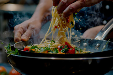 Wall Mural - a chef tossing whole grain pasta with sautéed vegetables and fresh herbs, creating a hearty and wholesome pasta primavera dish