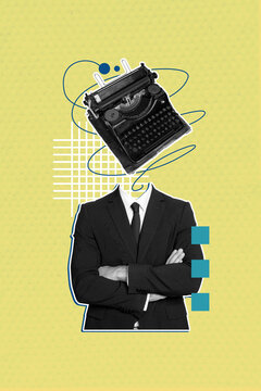 Creative collage sketch banner business person with type writer face cross hands over bright background