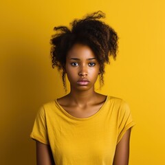 Yellow background sad black independent powerful Woman. Portrait of young beautiful bad mood expression girl Isolated on Background racism skin color depression anxiety fear burn out health issue 