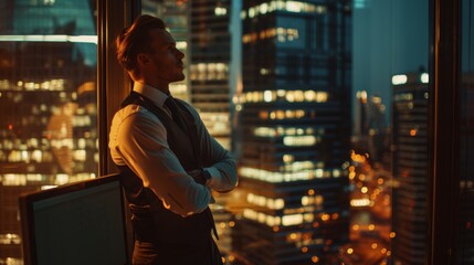 Poster - Stylish Modern Business Office with Personal Computer and Big City View with Confident Businessman in Suit leaning on Window and Looking Out Considerately. Shot of Confident Businessman Leaning on