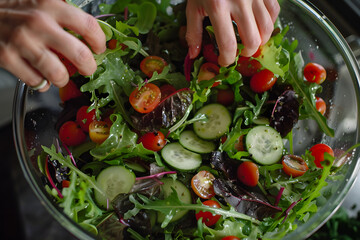 Wall Mural - a person's hands tossing mixed salad greens with cherry tomatoes, cucumber slices, and homemade vinaigrette in a large bowl 