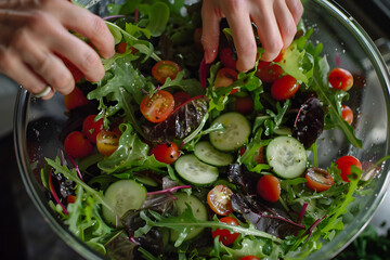 Canvas Print - a person's hands tossing mixed salad greens with cherry tomatoes, cucumber slices, and homemade vinaigrette in a large bowl 