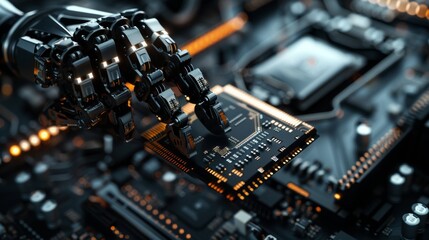 Wall Mural - A close up shot of a robotic arm holding a futuristic processor ready for serial manufacturing in a computer manufacturing plant. 3D illustration. Dark black colors.