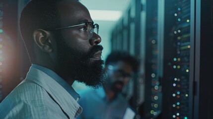 Poster - Having a conversation with a bearded IT technician in glasses and a black male engineer colleague while working next to server racks in a data center. Running diagnostics or performing maintenance.