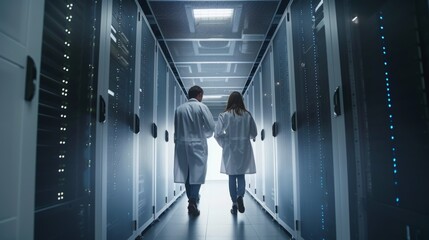 Poster - Women and men wearing white coats work with racks of servers, use laptops to conduct maintenance diagnostics, and wear laboratory coats while working with data center databases.
