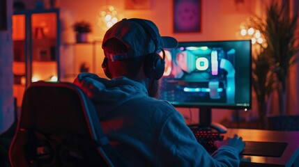 Poster - An avid gamer puts on his headset and starts playing an online video game on his personal computer. Both the room and PC are lit with colorful neon leds. Young man is wearing a cap. Delightful