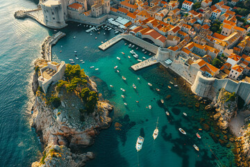 Wall Mural - An aerial view of a historic city by the sea, with centuries-old buildings and narrow streets. The city's waterfront is alive with activity, from fishermen mending nets to tourists strolling along the