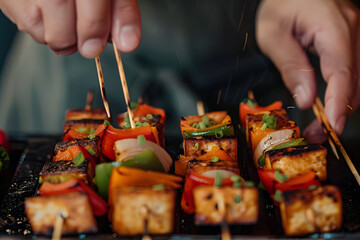 Wall Mural -  a person's hands grilling marinated tofu skewers with bell peppers and onions, offering a delicious plant-based alternative for barbecue gatherings