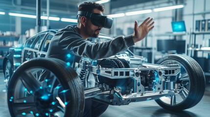 Poster - Engineer working on the concept vehicle frame of an electric car using an Augmented Reality Headset and making gestures. Working in the Innovation Laboratory Facility on the concept vehicle frame
