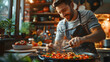 © Gohgah - Photo realistic concept: A man showcasing creativity and skill as he cooks gourmet meals in a kitchen, highlighting the art of culinary hobby.