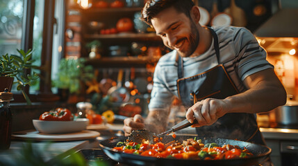 Photo realistic concept: A man showcasing creativity and skill as he cooks gourmet meals in a kitchen, highlighting the art of culinary hobby.