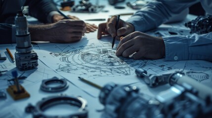 Poster - in an industrial engineering facility: close-up of engineers, technicians, and specialists' hands tr