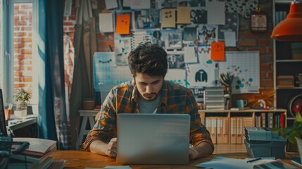 Canvas Print - An App Developer Works on a Laptop in His Studio. If you have a look at the background, you can see a modern loft office with storyboards and concepts covering the wall.