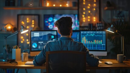 Poster - photograph of a male professional designer working on a laptop at his desk in his office at night. h